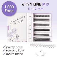 Wimpern 10D auf Klebestreifen - 6in1 Mixbox (1.000 fertige Wimpernfächer) Künstliche Wimpern 0.05 CC - WUM Germany