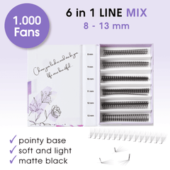 Wimpern 5D M/L auf Klebestreifen - 6in1 Mixbox (1.000 fertige Wimpernfächer) Künstliche Wimpern 0.07 M - WUM Germany