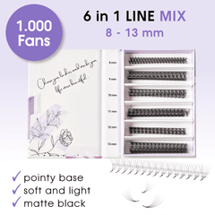 Wimpern 6D auf Klebestreifen - 6in1 Mixbox (1.000 fertige Wimpernfächer) Künstliche Wimpern 0.07 C - WUM Germany