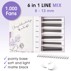 Wimpern 8D auf Klebestreifen - 6in1 Mixbox (1.000 fertige Wimpernfächer) Künstliche Wimpern 0.05 C - WUM Germany